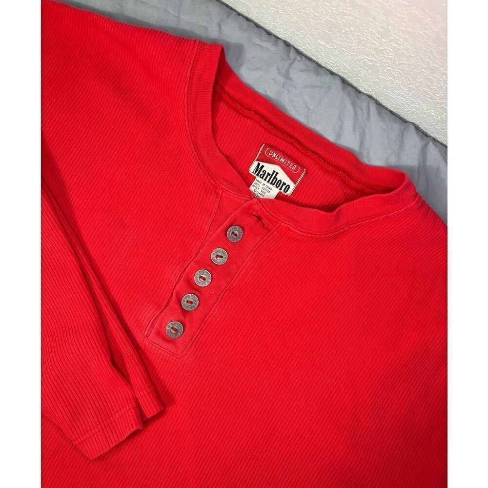 Marlboro Red Henley Shirt Men's XXL Metal Buttons VTG Made In USA Thermal Waffle